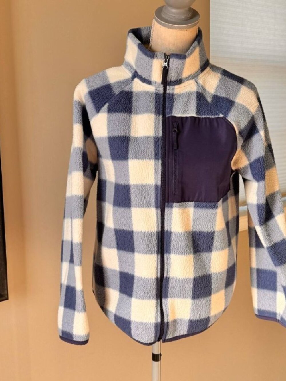 J.CREW Stylish Light Fleece Zip-up in White Blue Plaid - Size Small